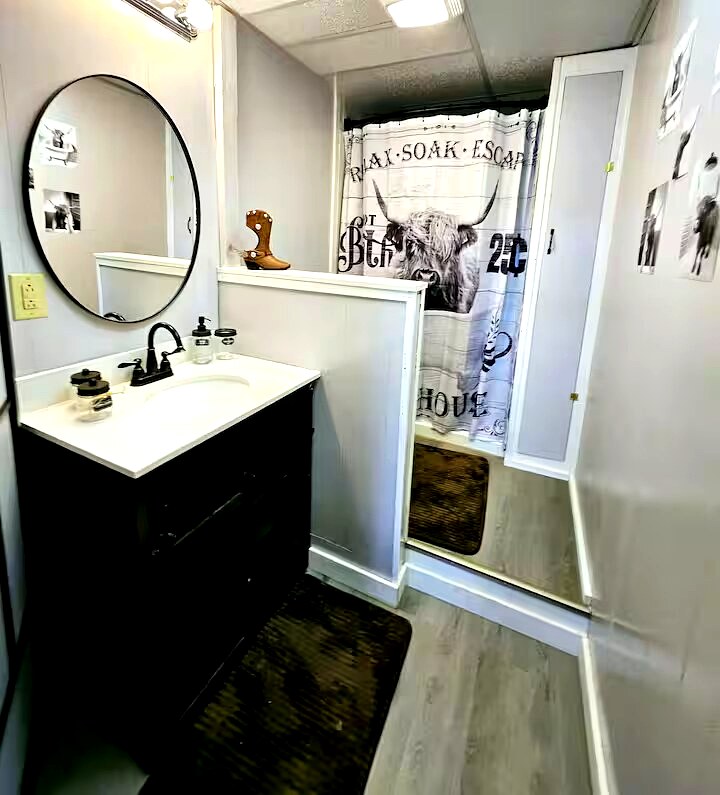 Updated bathroom with black vanity