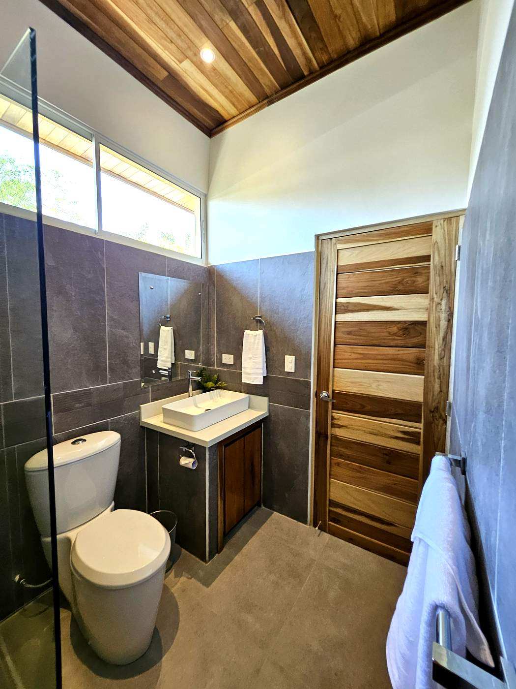 Bathroom with dark slate tiles, glass shower, and natural light