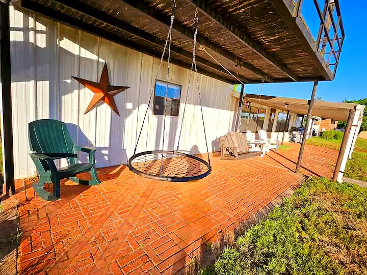 Patio swing on the covered porch